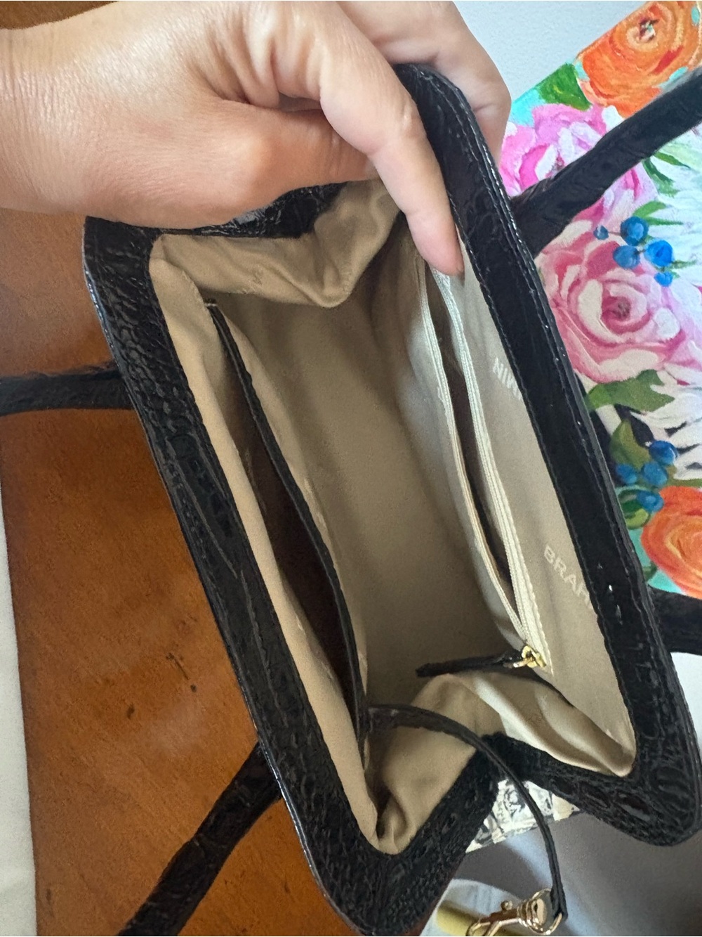 Brahmin Black & Cream Zebra-Print Croc-Embossed Satchel - Picture 3 of 4